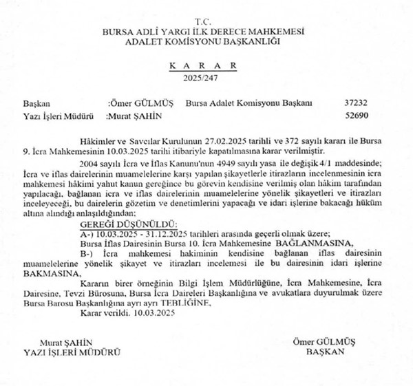 Adalet Komisyonu Başkanlığı'nın Bursa İflas Dairesinin Bursa 10. İcra Mahkemesine bağlanmasına ilişkin kararı