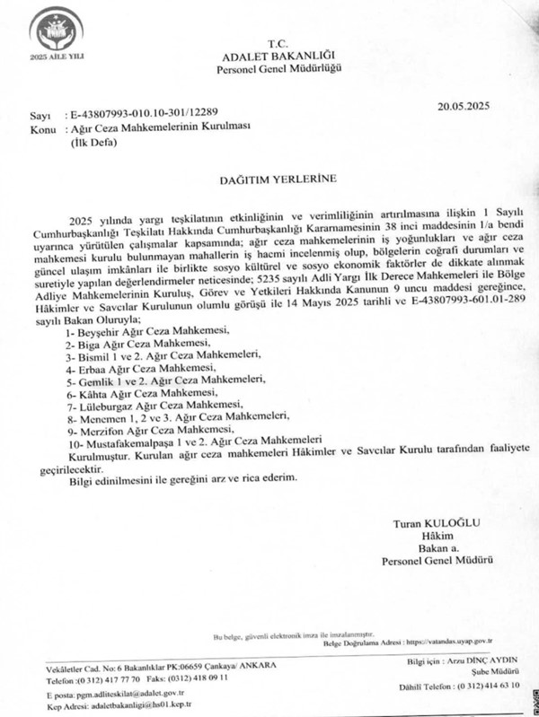 Adalet Bakanlığı Personel Genel Müdürlüğünün Ağır Ceza Mahkemeleri Kurulması ile ilgili duyurusu.
