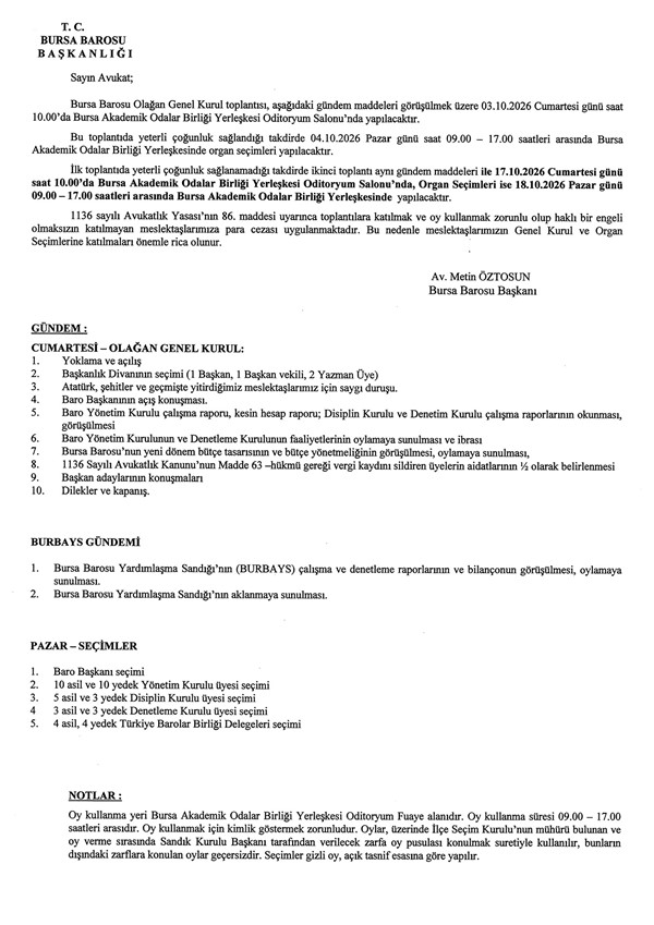 BURSA BAROSU OLAĞAN GENEL KURULU 17-18 EKİM 2026 TARİHLERİNDE YAPILACAKTIR.
