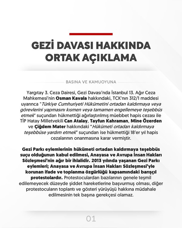 GEZİ DAVASI HAKKINDA ORTAK AÇIKLAMA