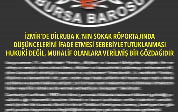 İZMİR'DE SOKAK RÖPORTAJINDA DİLRUBA K.'NIN DÜŞÜNCELERİNİ İFADE ETMESİ SEBEBİYLE TUTUKLANMASI HUKUKİ DEĞİL, MUHALİF OLANLARA VERİLMİŞ BİR GÖZDAĞIDIR