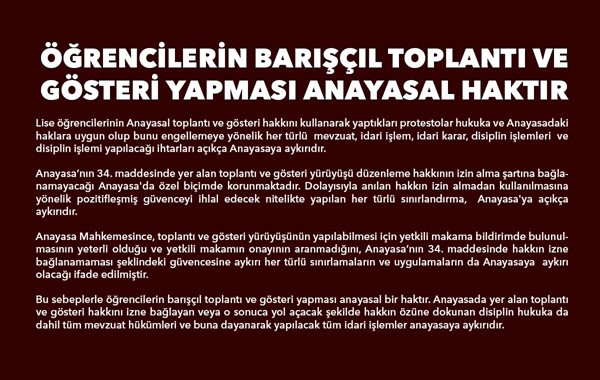 ÖĞRENCİLERİN BARIŞÇIL TOPLANTI VEGÖSTERİ YAPMASI ANAYASAL HAKTIR
