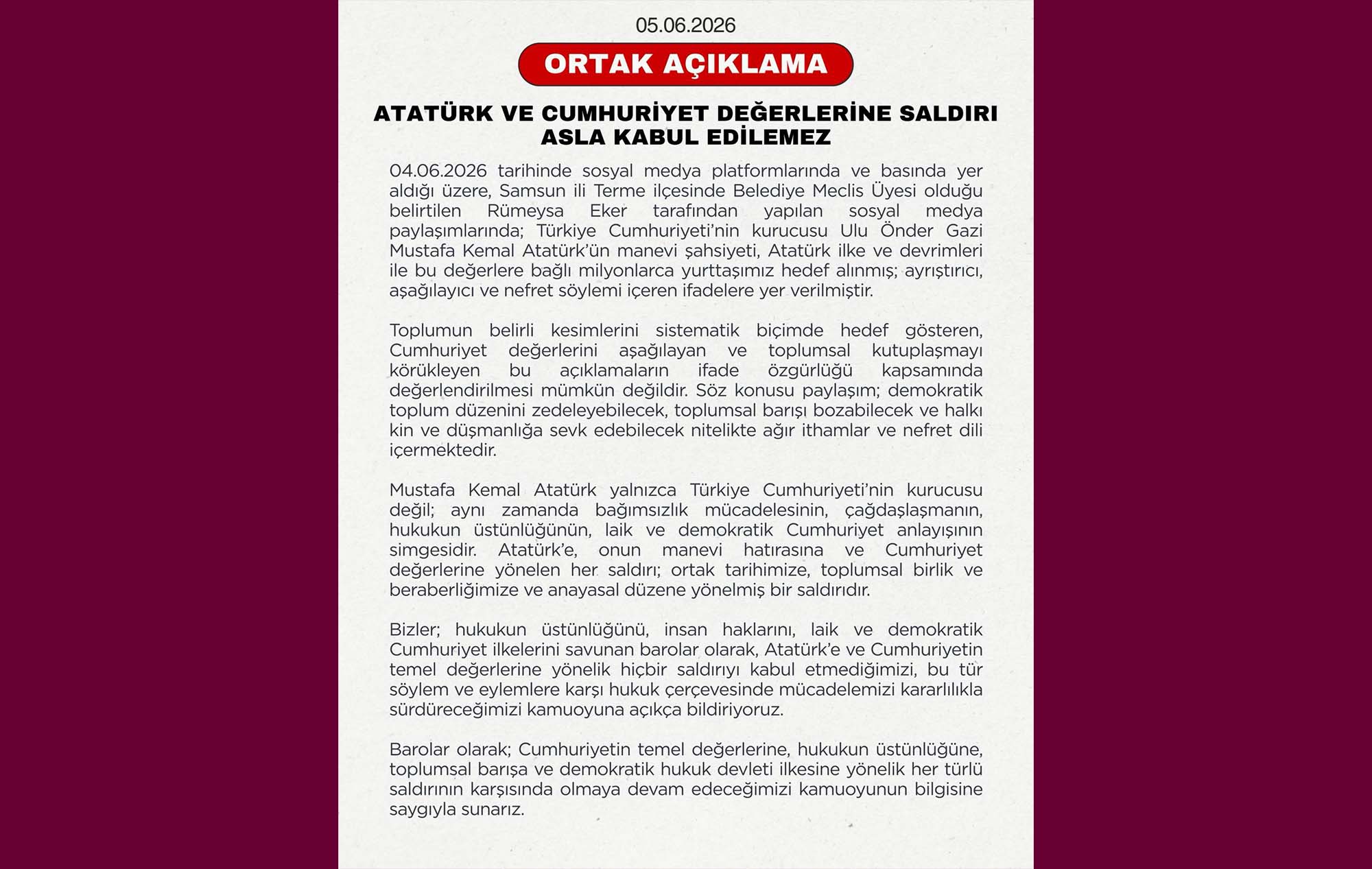 Atatürk ve Cumhuriyet değerlerine saldırı asla kabul edilemez!